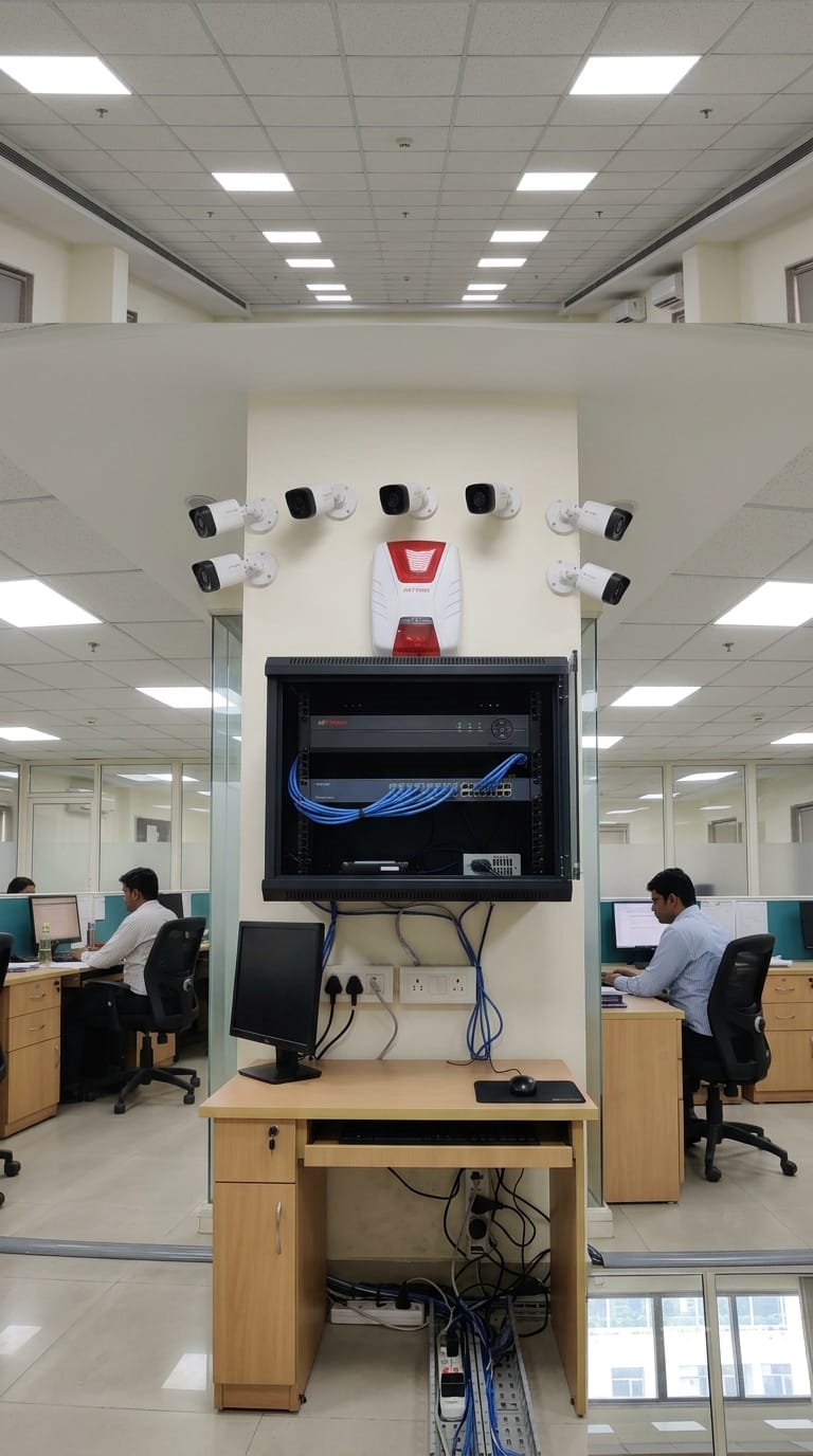 Custom office security solution with CCTV cameras, alarm and equipment rack